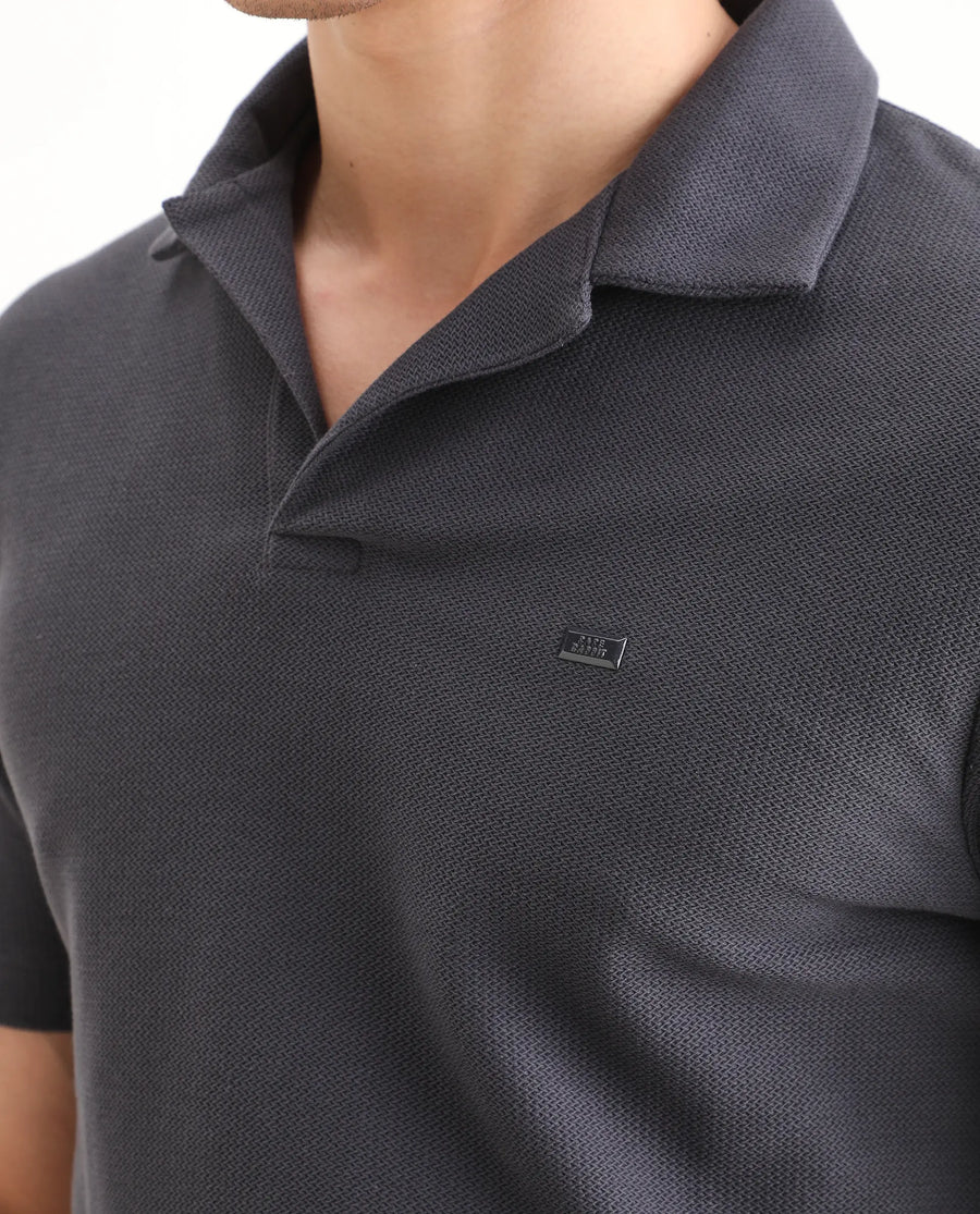 Rare Rabbit Men's Zorv-S26 Dark Grey Cotton Fabric Half Sleeve Cuban Collar Regular Fit Textured Polo