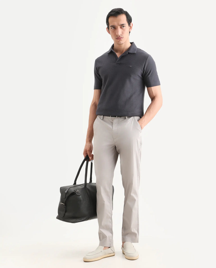 Rare Rabbit Men's Zorv-S26 Dark Grey Cotton Fabric Half Sleeve Cuban Collar Regular Fit Textured Polo