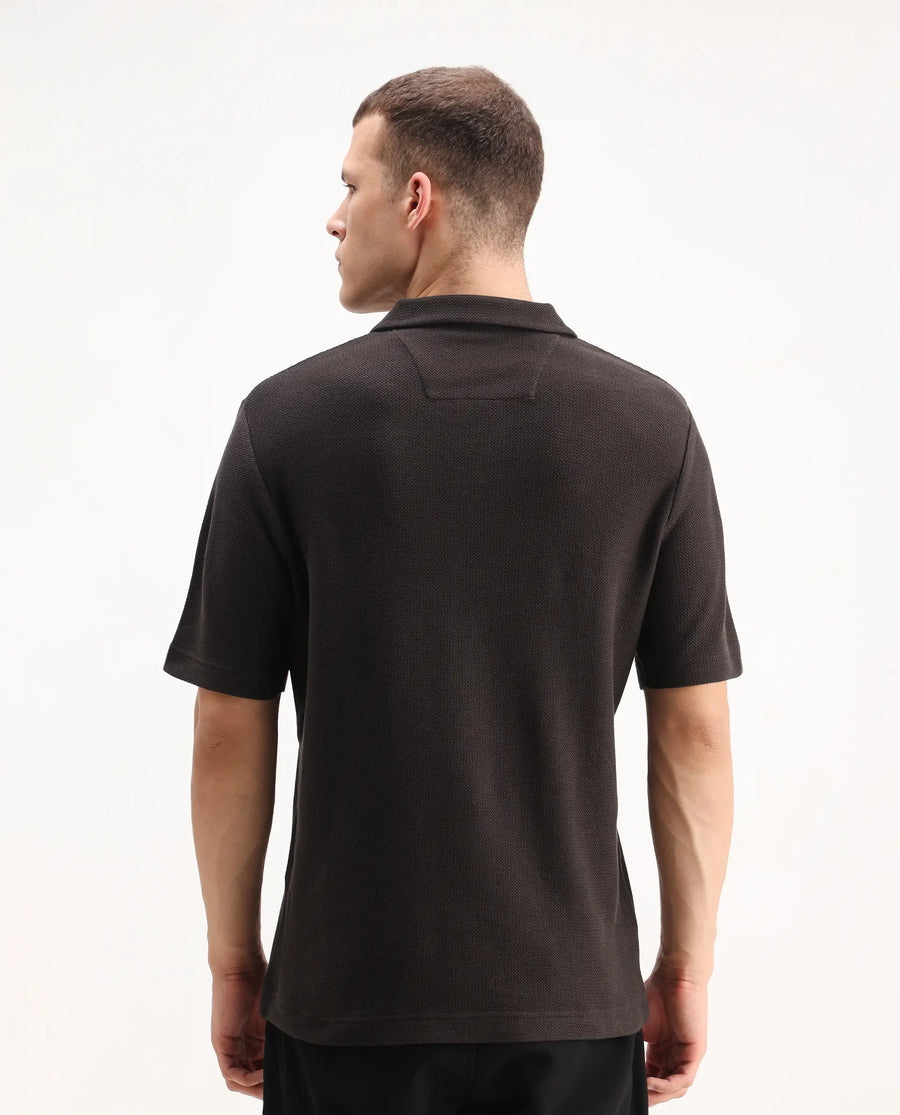 Rare Rabbit Men's Zorv Dark Brown Cotton Plain Regular Fit Half Sleeve Polo
