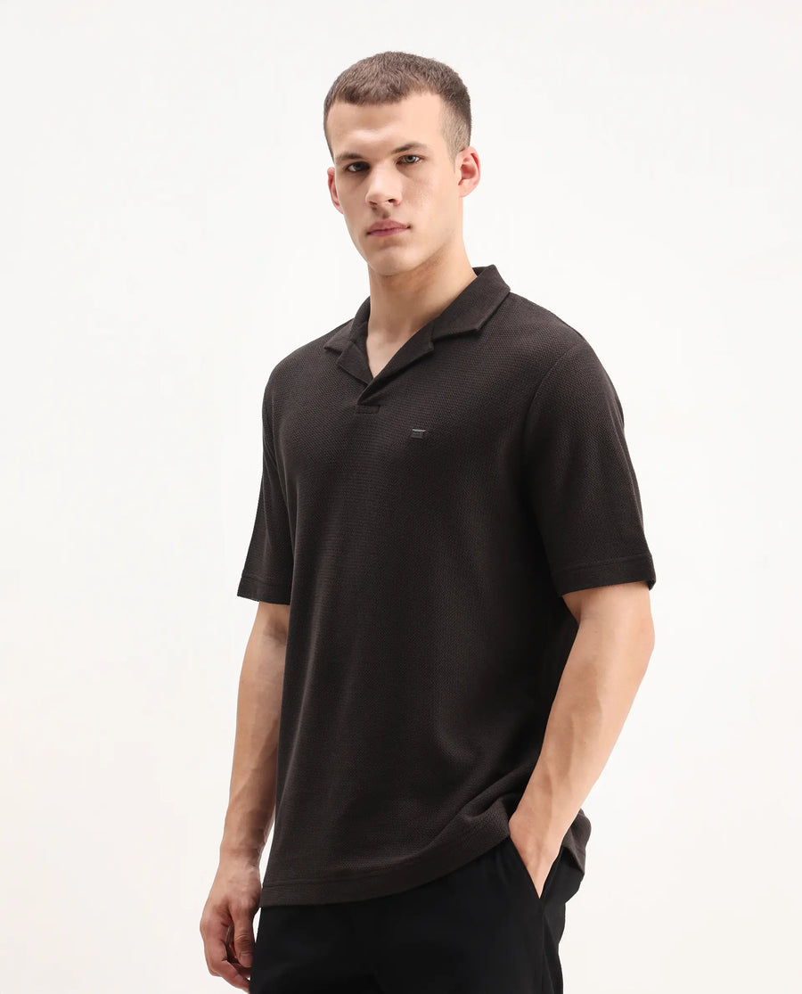 Rare Rabbit Men's Zorv Dark Brown Cotton Plain Regular Fit Half Sleeve Polo