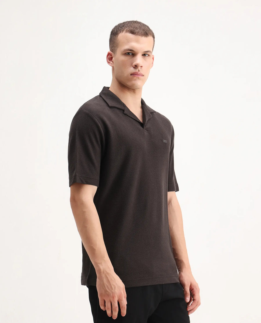 Rare Rabbit Men's Zorv Dark Brown Cotton Plain Regular Fit Half Sleeve Polo