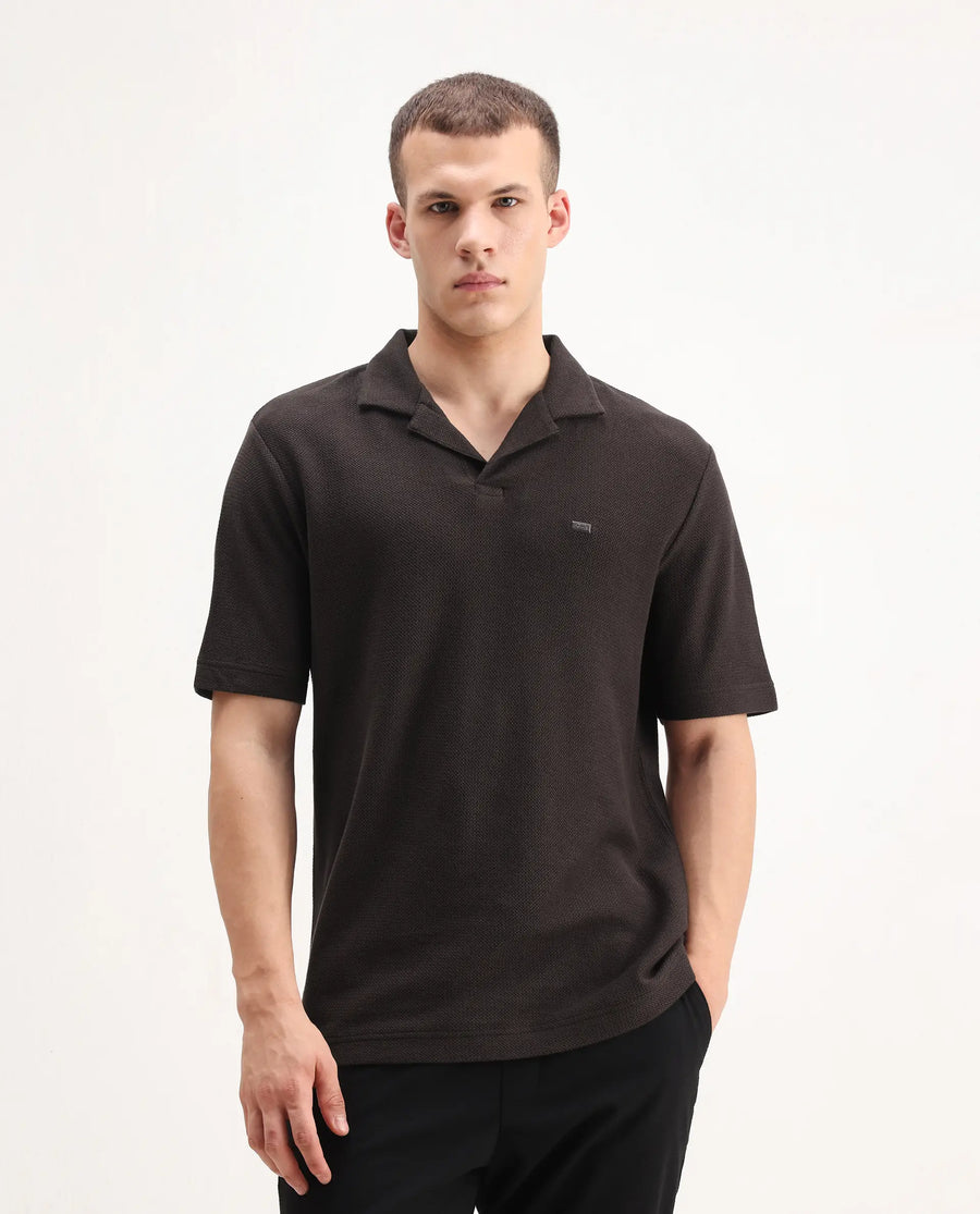 Rare Rabbit Men's Zorv Dark Brown Cotton Plain Regular Fit Half Sleeve Polo