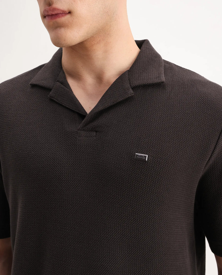 Rare Rabbit Men's Zorv Dark Brown Cotton Plain Regular Fit Half Sleeve Polo