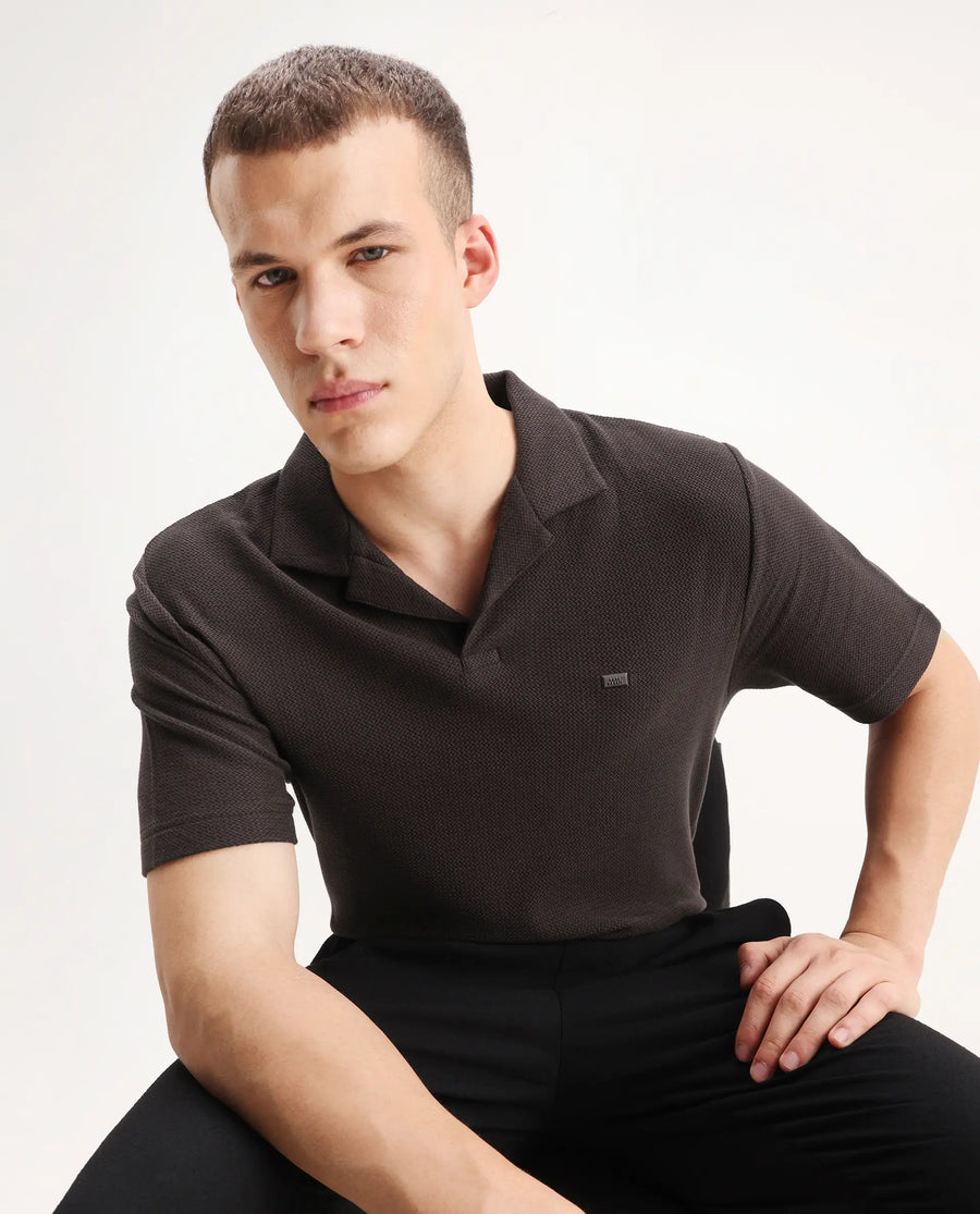 Rare Rabbit Men's Zorv Dark Brown Cotton Plain Regular Fit Half Sleeve Polo