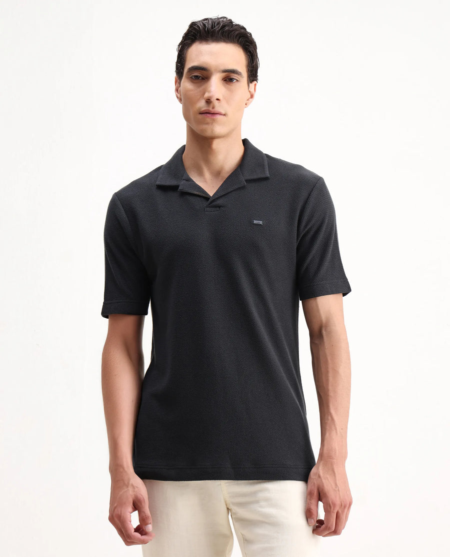 Rare Rabbit Men's Zorv Dark Grey Cotton Plain Regular Fit Half Sleeve Polo