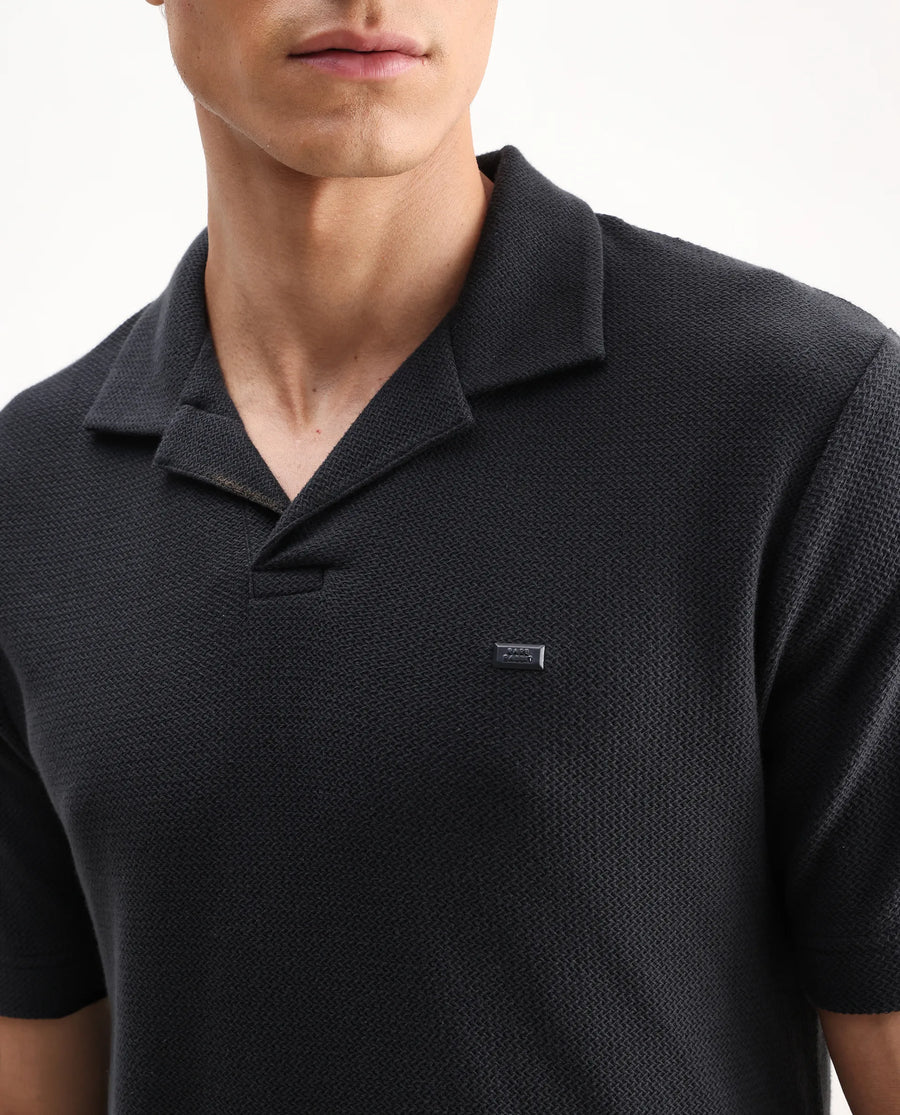 Rare Rabbit Men's Zorv Dark Grey Cotton Plain Regular Fit Half Sleeve Polo
