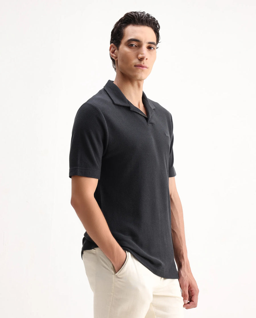 Rare Rabbit Men's Zorv Dark Grey Cotton Plain Regular Fit Half Sleeve Polo