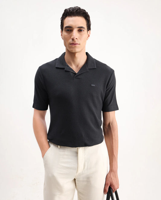 Rare Rabbit Men's Zorv Dark Grey Cotton Plain Regular Fit Half Sleeve Polo