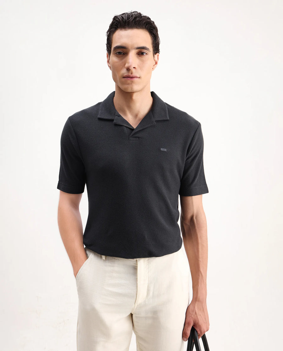 Rare Rabbit Men's Zorv Dark Grey Cotton Plain Regular Fit Half Sleeve Polo