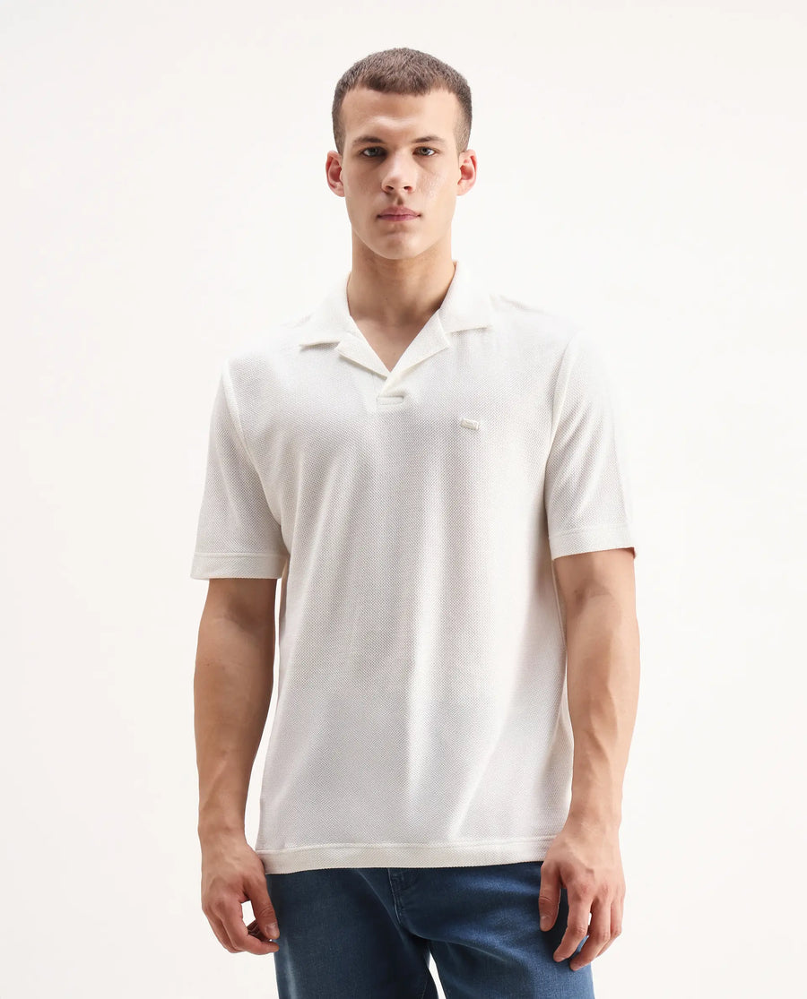 Rare Rabbit Men's Zorv Off White Cotton Plain Regular Fit Half Sleeve Polo