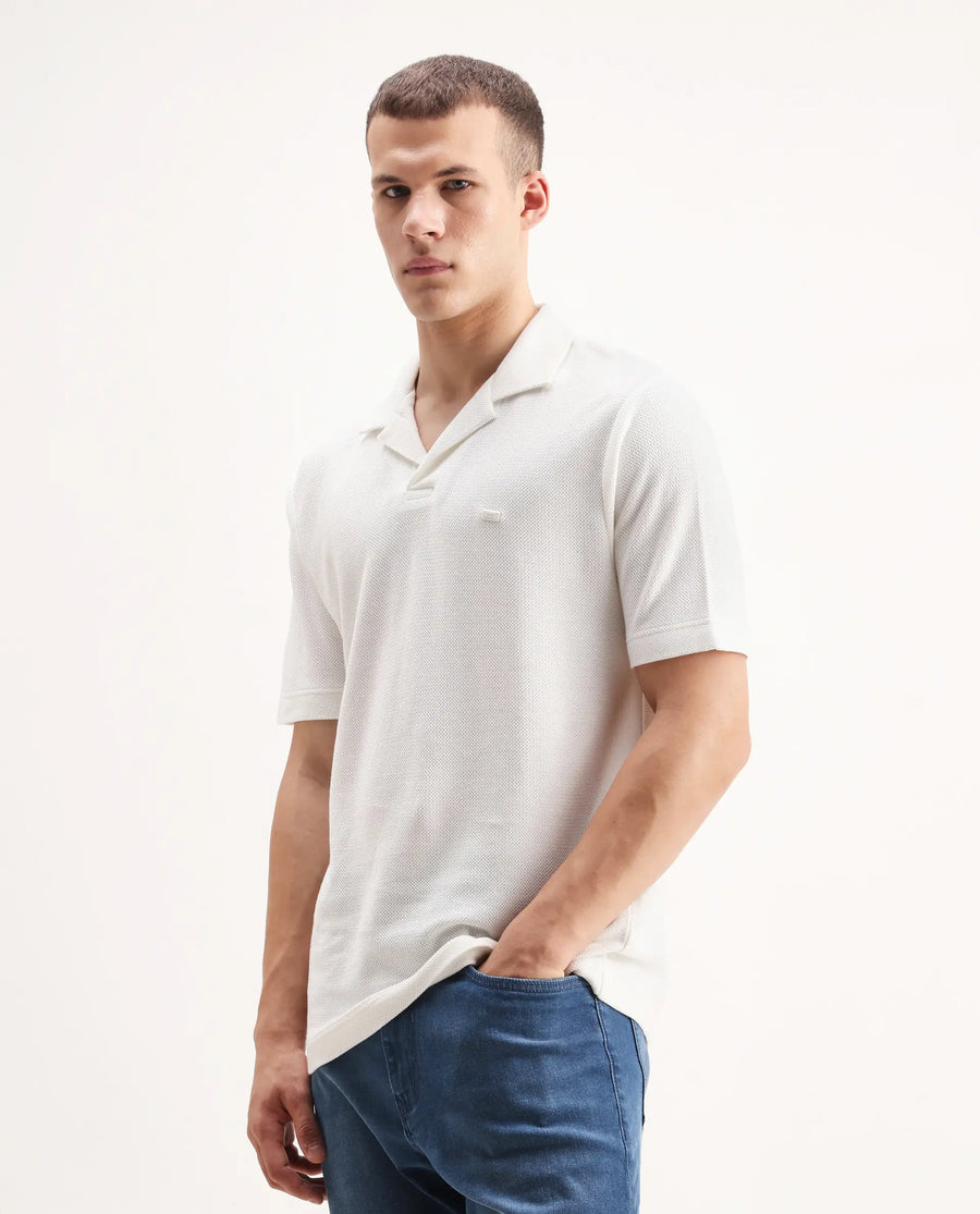Rare Rabbit Men's Zorv Off White Cotton Plain Regular Fit Half Sleeve Polo