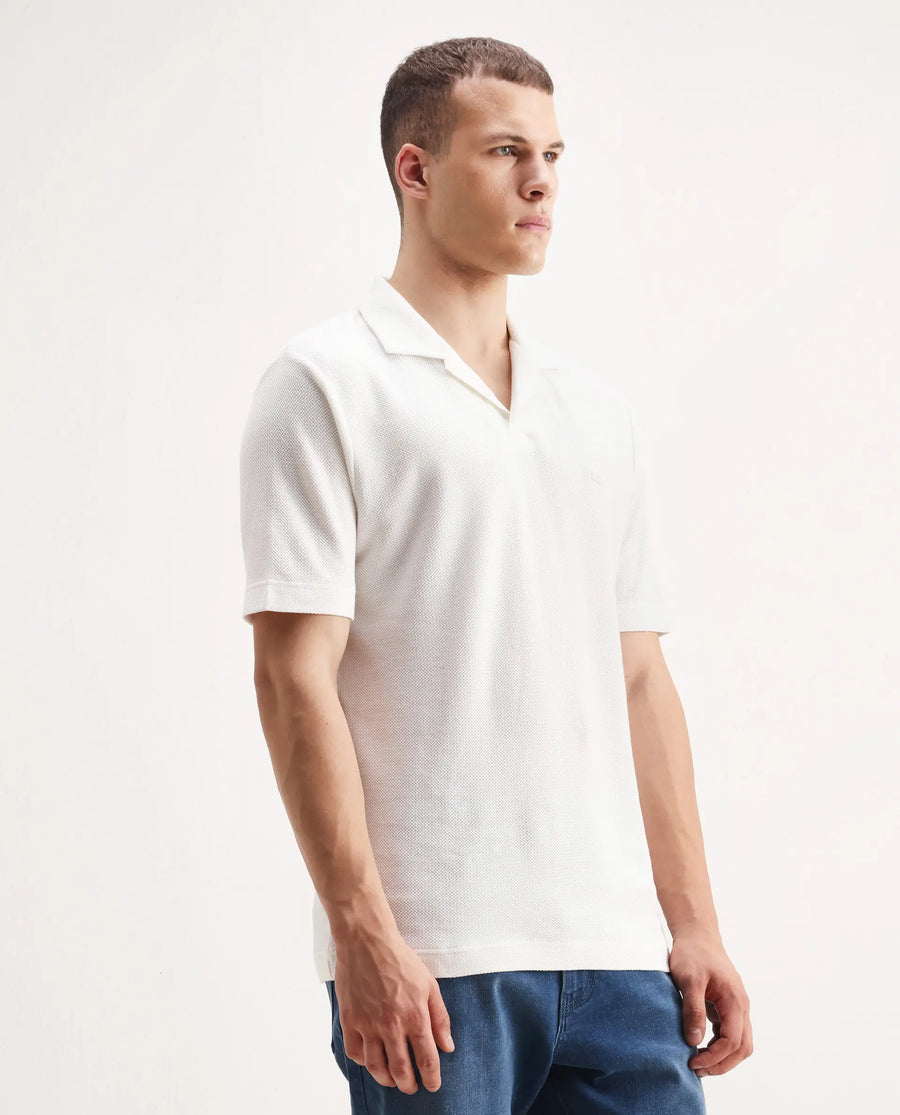Rare Rabbit Men's Zorv Off White Cotton Plain Regular Fit Half Sleeve Polo