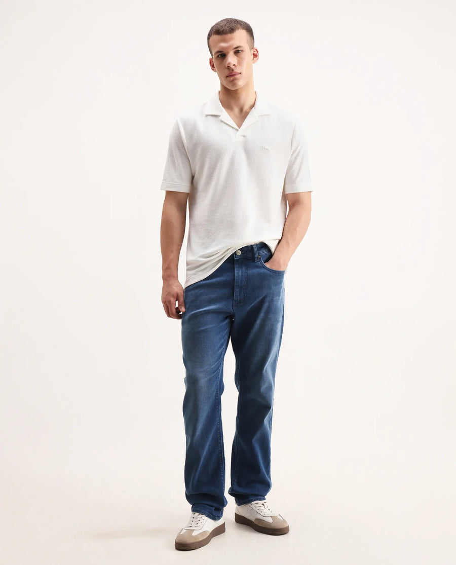 Rare Rabbit Men's Zorv Off White Cotton Plain Regular Fit Half Sleeve Polo