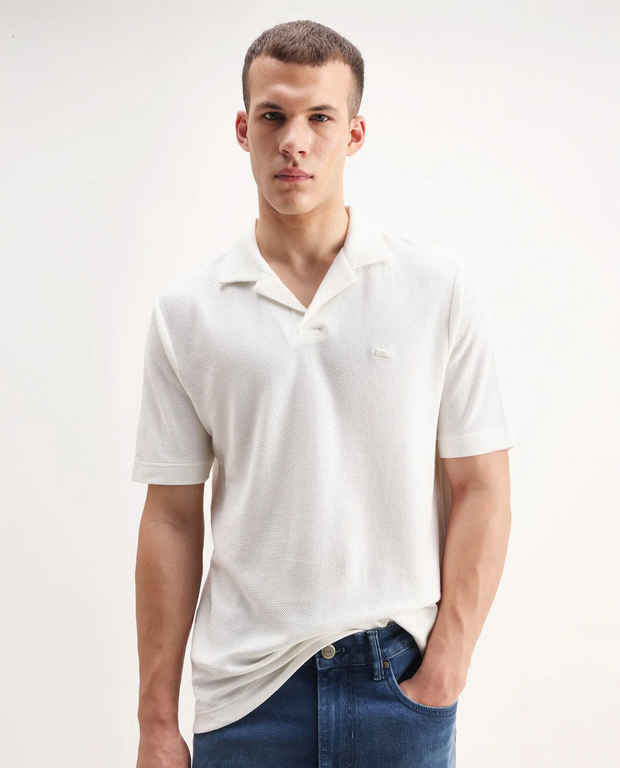 Rare Rabbit Men's Zorv Off White Cotton Plain Regular Fit Half Sleeve Polo