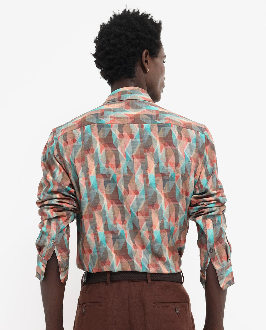Rare Rabbit Men's Zosma Brown Viscose Geometric Print Regular Fit Full Sleeve Collared Shirt