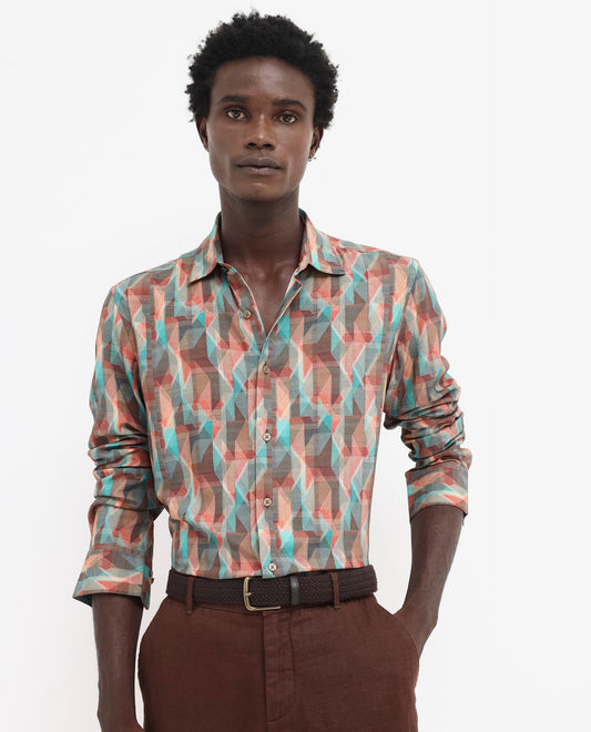 Rare Rabbit Men's Zosma Brown Viscose Geometric Print Regular Fit Full Sleeve Collared Shirt