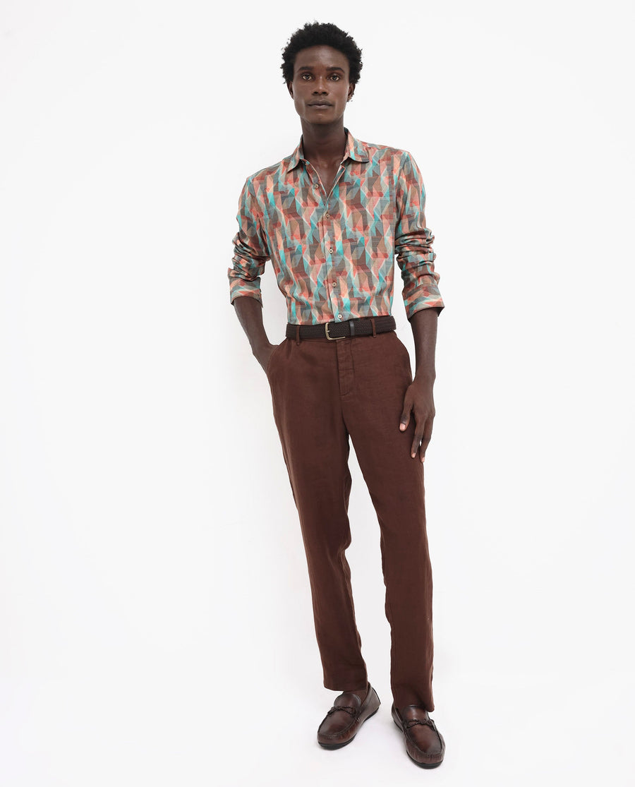 Rare Rabbit Men's Zosma Brown Viscose Geometric Print Regular Fit Full Sleeve Collared Shirt
