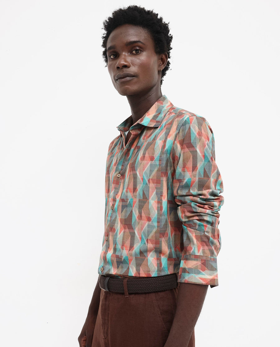 Rare Rabbit Men's Zosma Brown Viscose Geometric Print Regular Fit Full Sleeve Collared Shirt
