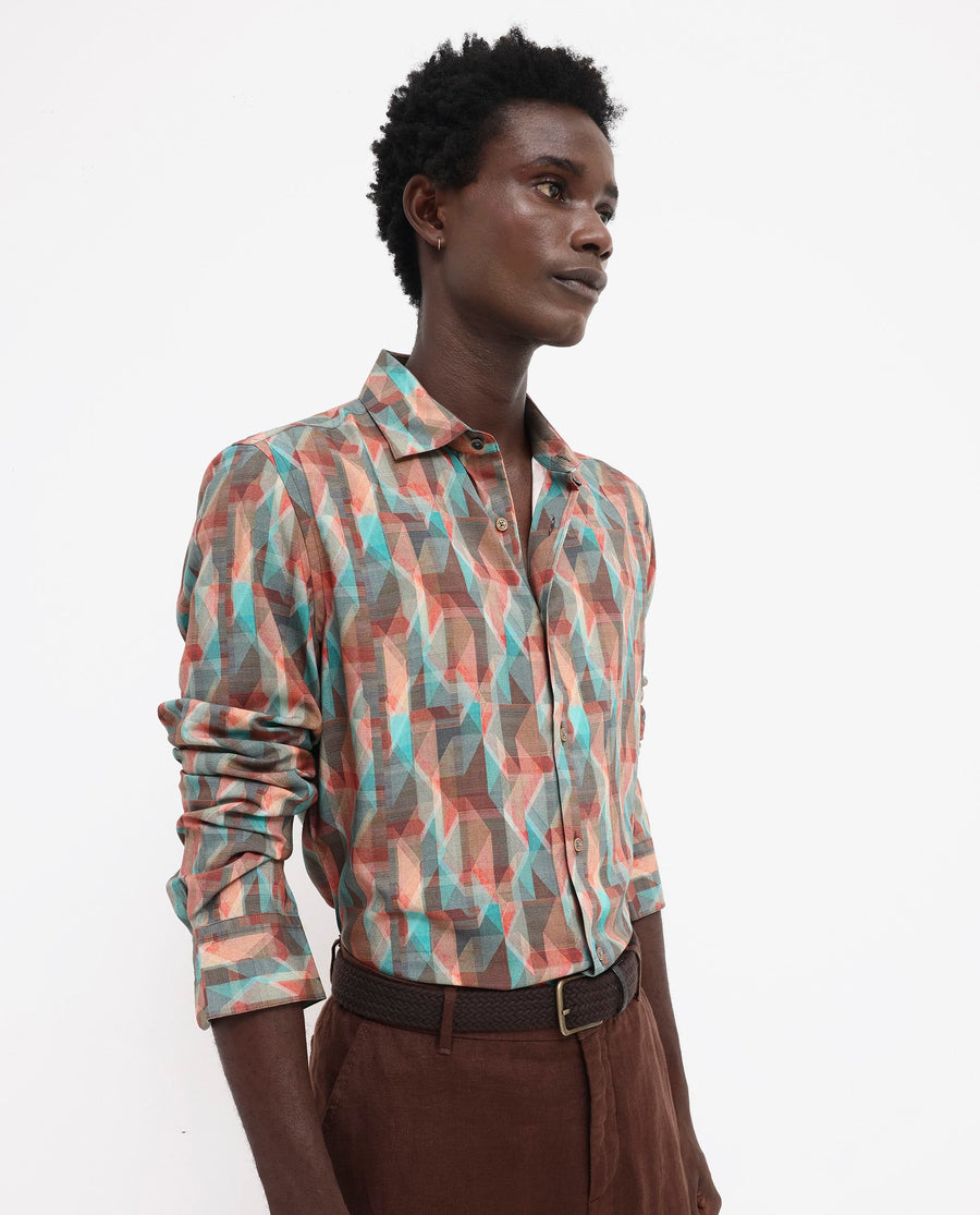 Rare Rabbit Men's Zosma Brown Viscose Geometric Print Regular Fit Full Sleeve Collared Shirt