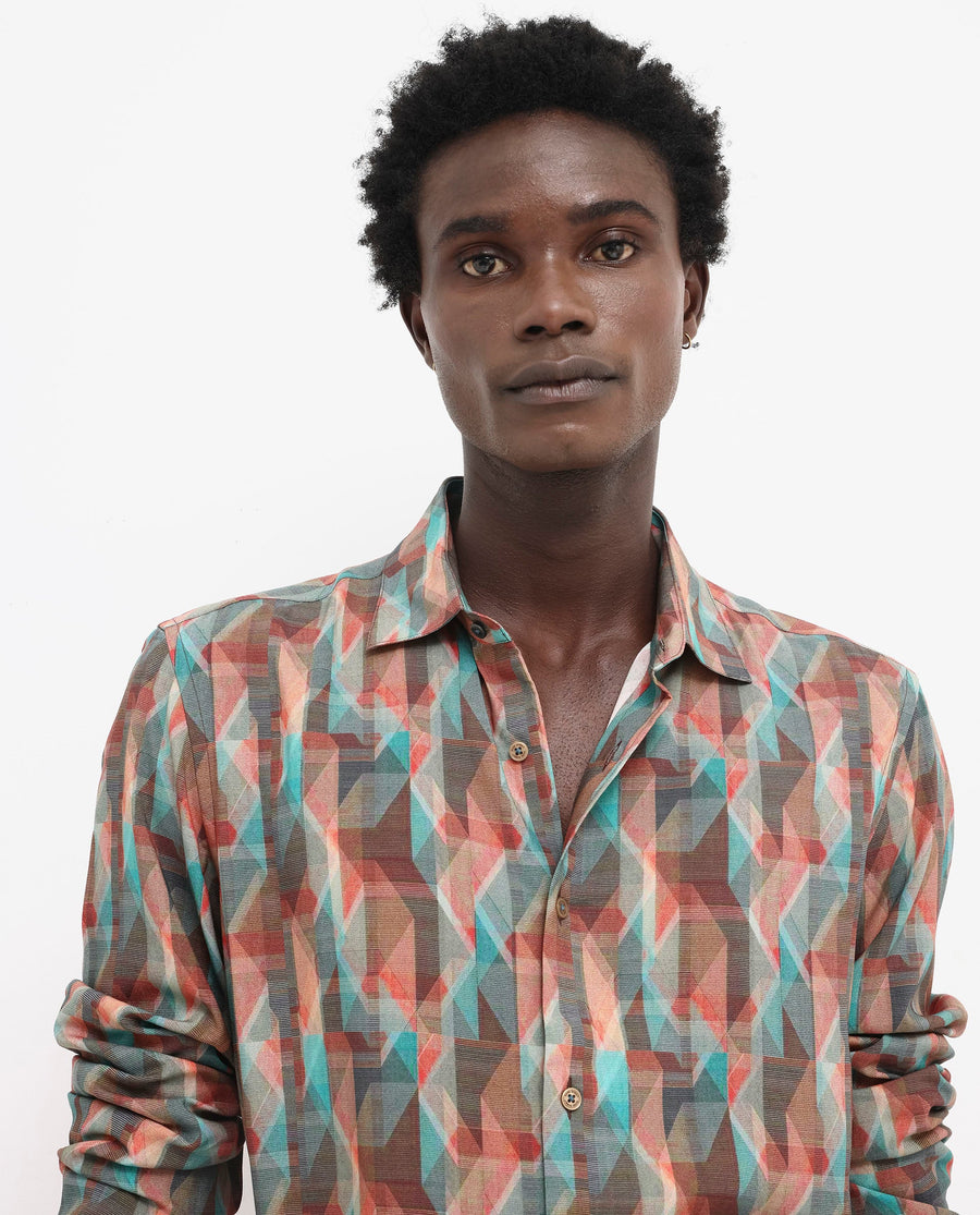 Rare Rabbit Men's Zosma Brown Viscose Geometric Print Regular Fit Full Sleeve Collared Shirt