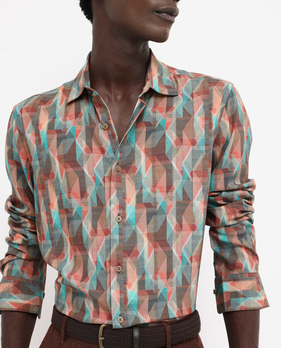 Rare Rabbit Men's Zosma Brown Viscose Geometric Print Regular Fit Full Sleeve Collared Shirt