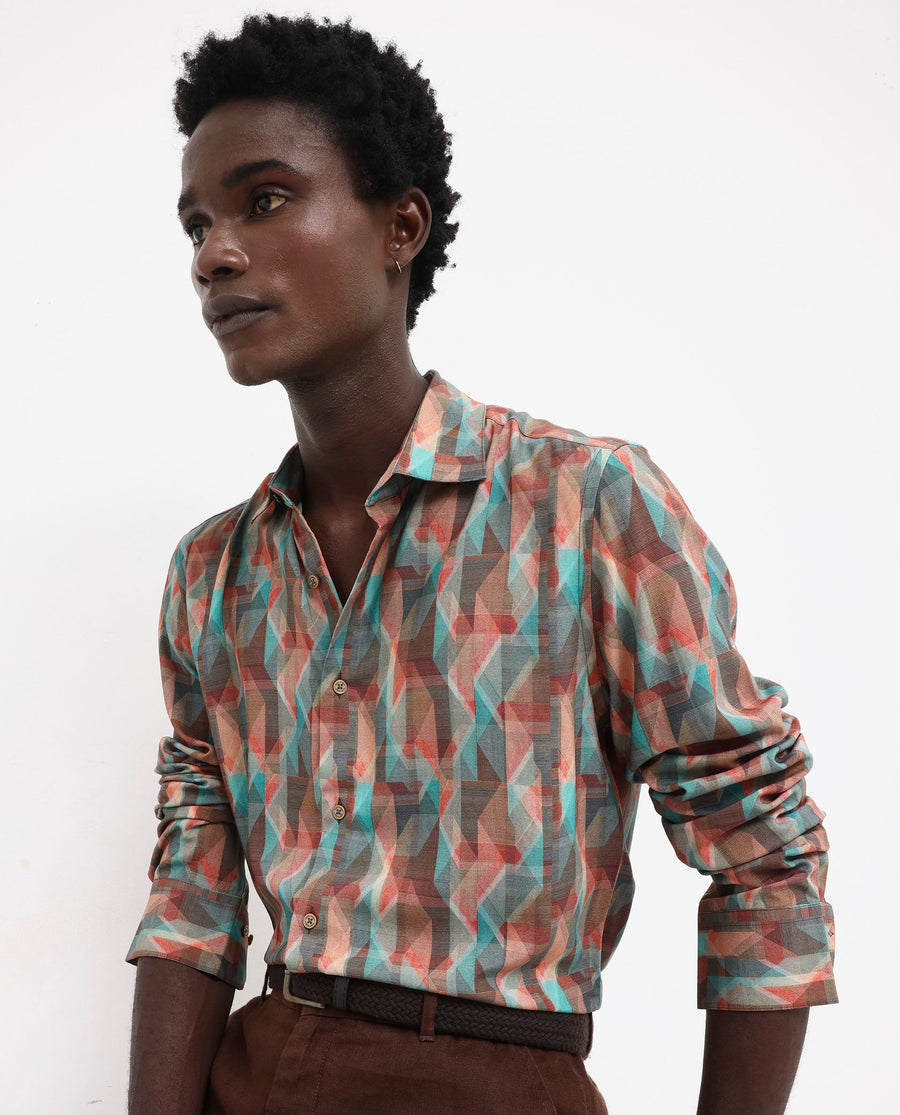 Rare Rabbit Men's Zosma Brown Viscose Geometric Print Regular Fit Full Sleeve Collared Shirt