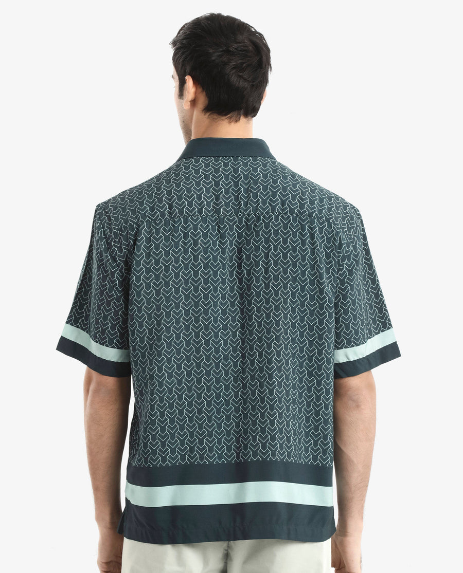 Rare Rabbit Men's Zubi Dark Green Viscose Monogram Print Boxy Fit Half Sleeve Collared Shirt
