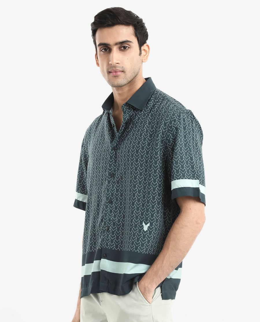 Rare Rabbit Men's Zubi Dark Green Viscose Monogram Print Boxy Fit Half Sleeve Collared Shirt