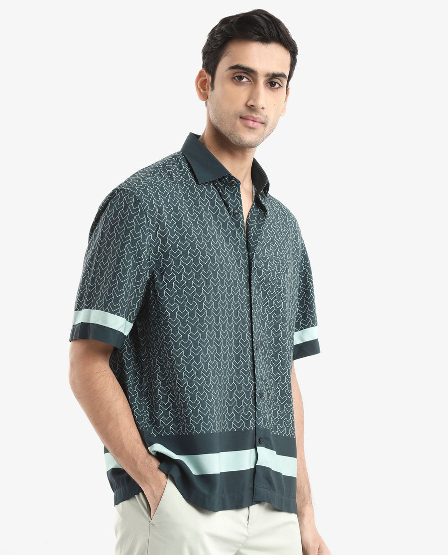 Rare Rabbit Men's Zubi Dark Green Viscose Monogram Print Boxy Fit Half Sleeve Collared Shirt