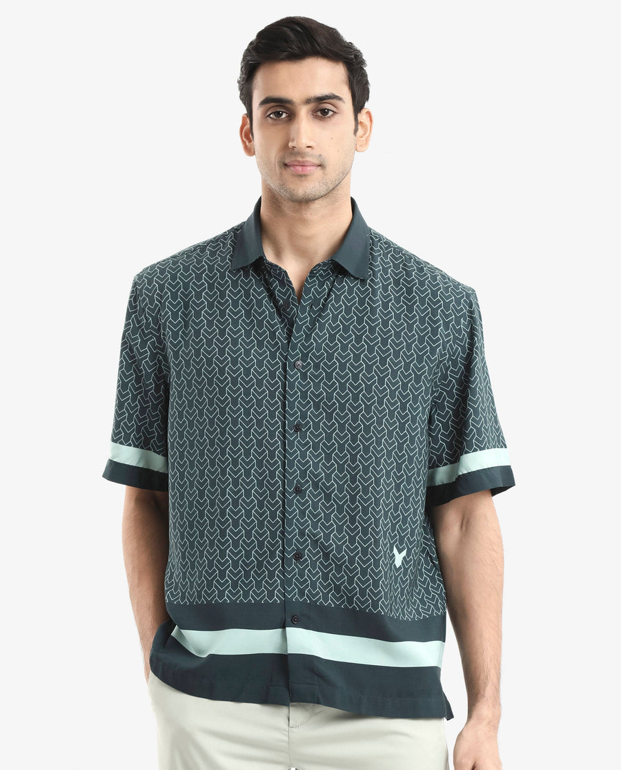 Rare Rabbit Men's Zubi Dark Green Viscose Monogram Print Boxy Fit Half Sleeve Collared Shirt