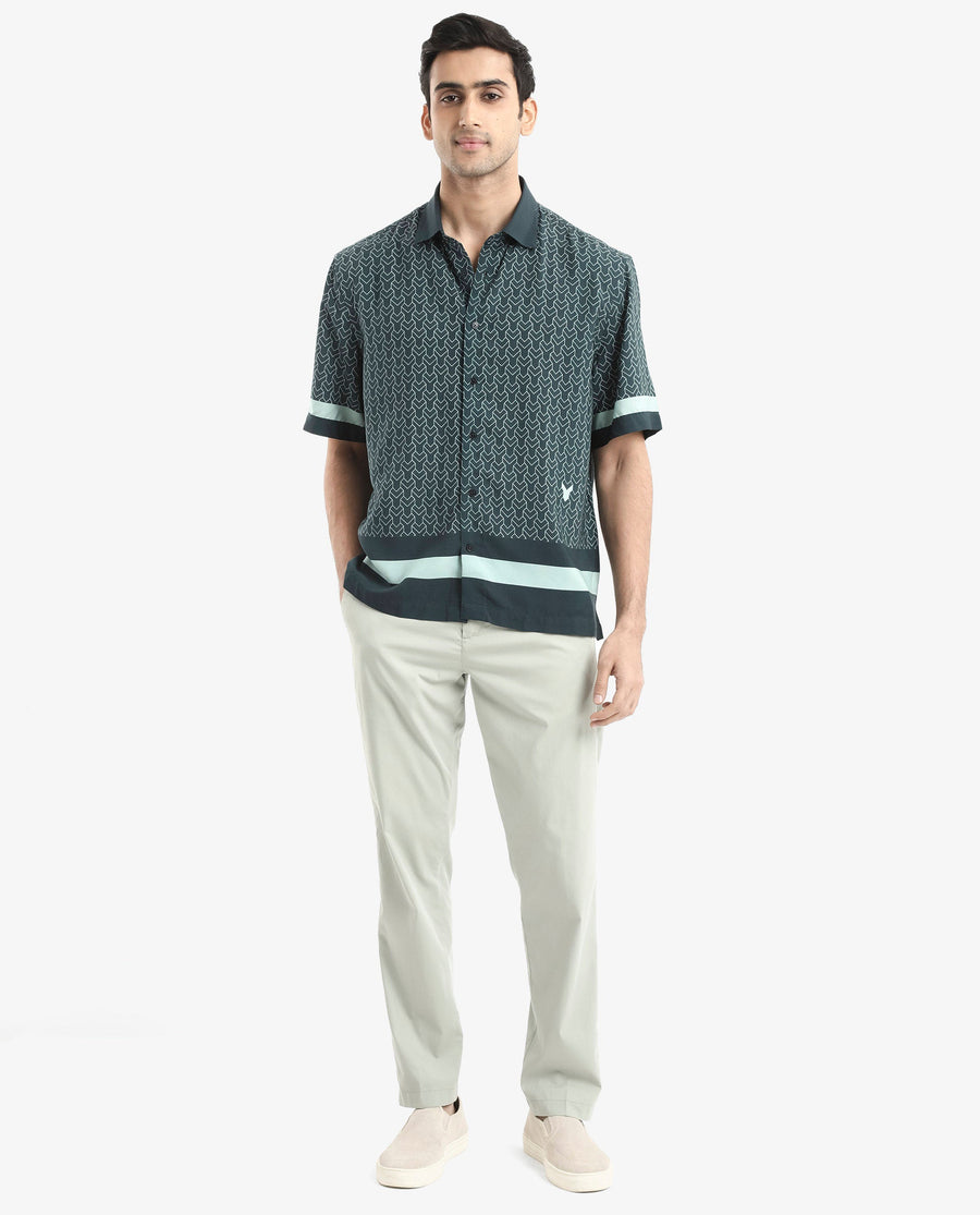 Rare Rabbit Men's Zubi Dark Green Viscose Monogram Print Boxy Fit Half Sleeve Collared Shirt