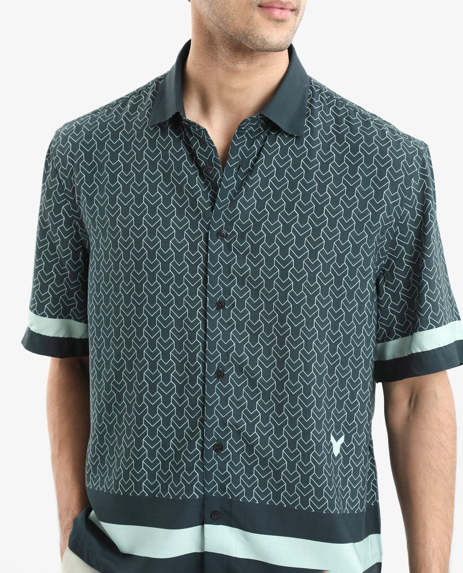Rare Rabbit Men's Zubi Dark Green Viscose Monogram Print Boxy Fit Half Sleeve Collared Shirt