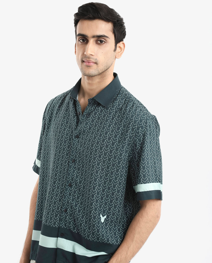Rare Rabbit Men's Zubi Dark Green Viscose Monogram Print Boxy Fit Half Sleeve Collared Shirt