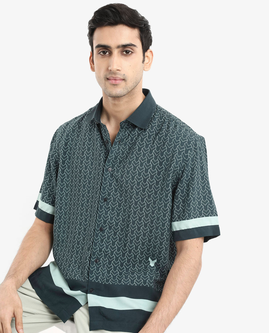 Rare Rabbit Men's Zubi Dark Green Viscose Monogram Print Boxy Fit Half Sleeve Collared Shirt