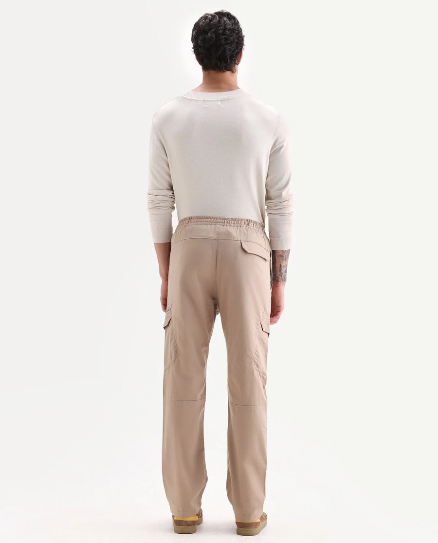 Rare Rabbit Men's Zudi Light Brown Cotton Plain Regular Fit Trouser