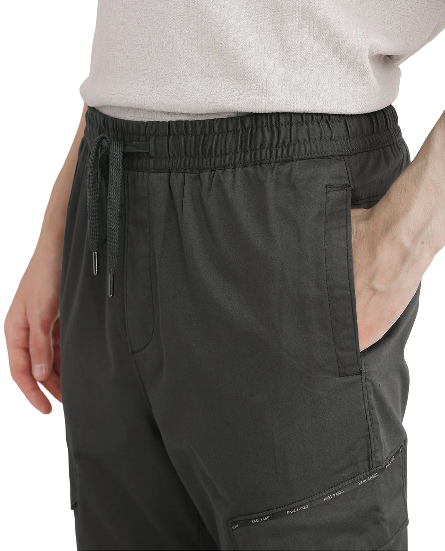 Rare Rabbit Men's Zudi Dark Grey Cotton Plain Regular Fit Trouser