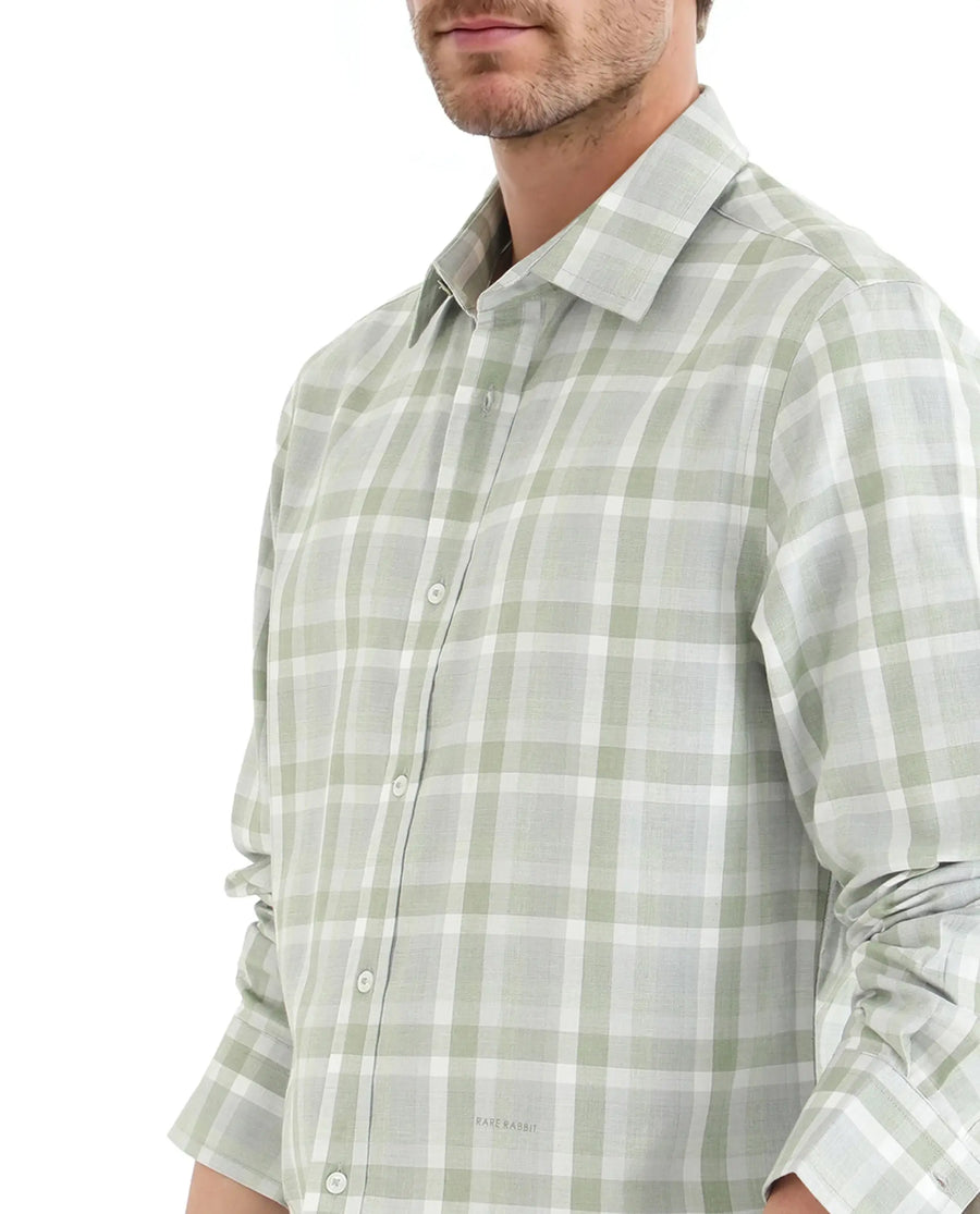 Rare Rabbit Men's Zujo Pastel Green Cotton Blend Checked Print Regular Fit Full Sleeve Collared Shirt