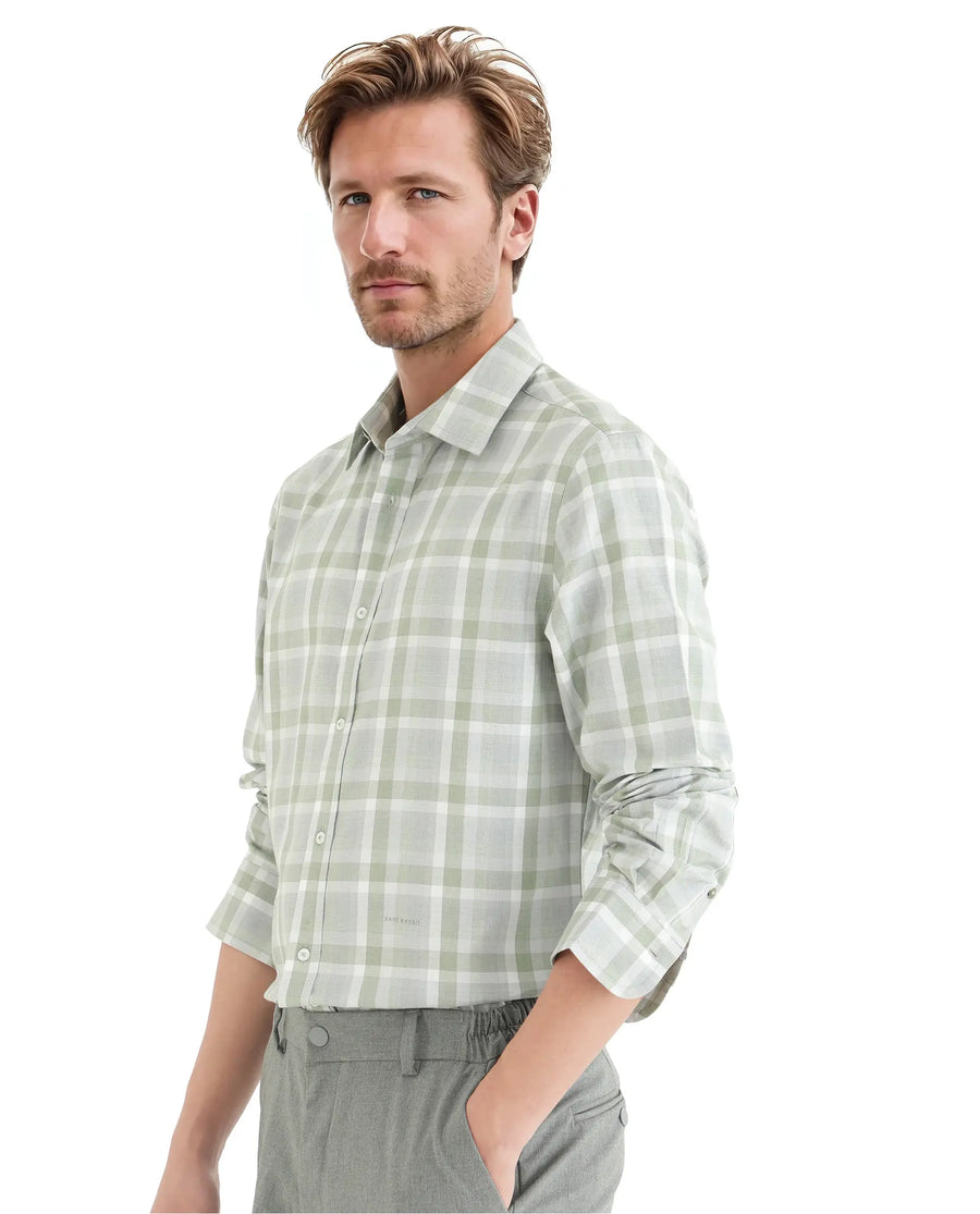 Rare Rabbit Men's Zujo Pastel Green Cotton Blend Checked Print Regular Fit Full Sleeve Collared Shirt