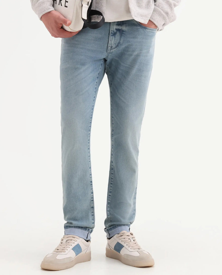 Rare Rabbit Men's Zuno L Light Blue Cotton Blend Fabric Shank And Zipper Hawk Slim Plain Jeans