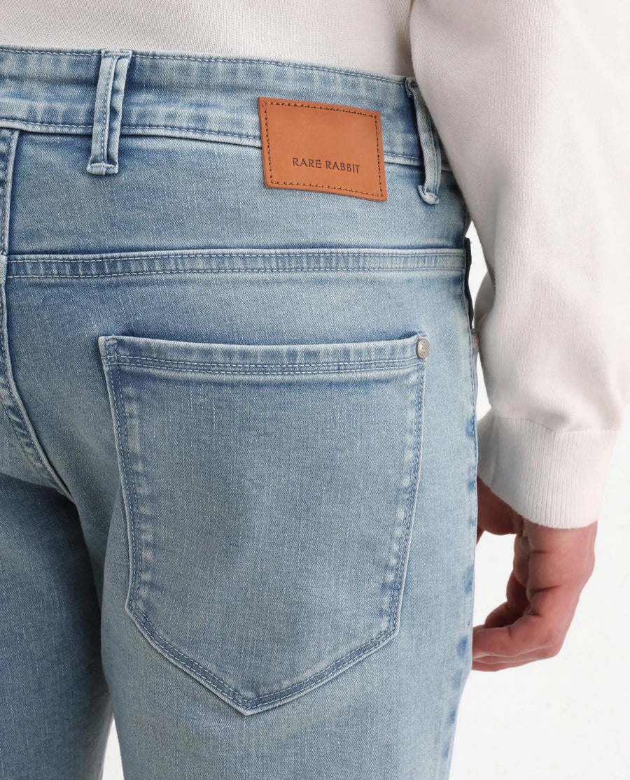 Rare Rabbit Men's Zuno L Light Blue Cotton Blend Fabric Shank And Zipper Hawk Slim Plain Jeans
