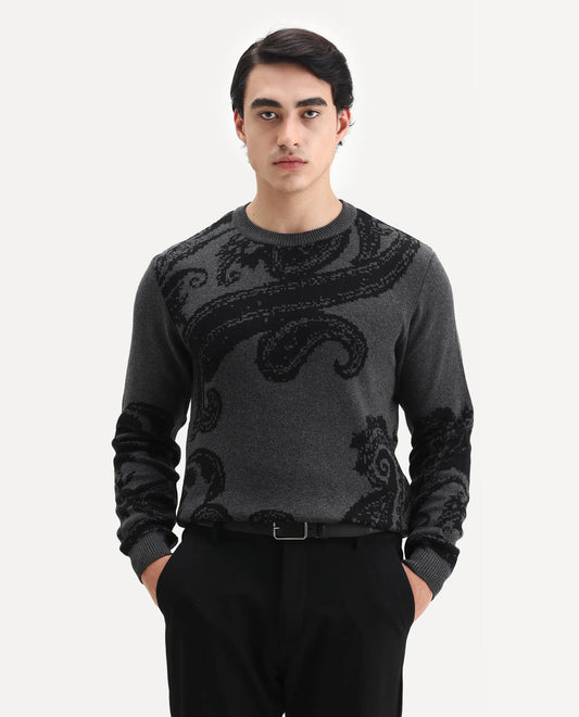 Rare Rabbit Men's Zuri Grey Cotton Jacquard Regular Fit Full Sleeve Crew Neck Sweater