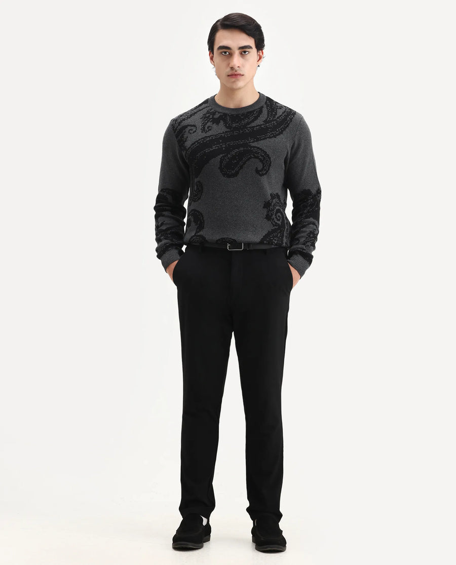 Rare Rabbit Men's Zuri Grey Cotton Jacquard Regular Fit Full Sleeve Crew Neck Sweater
