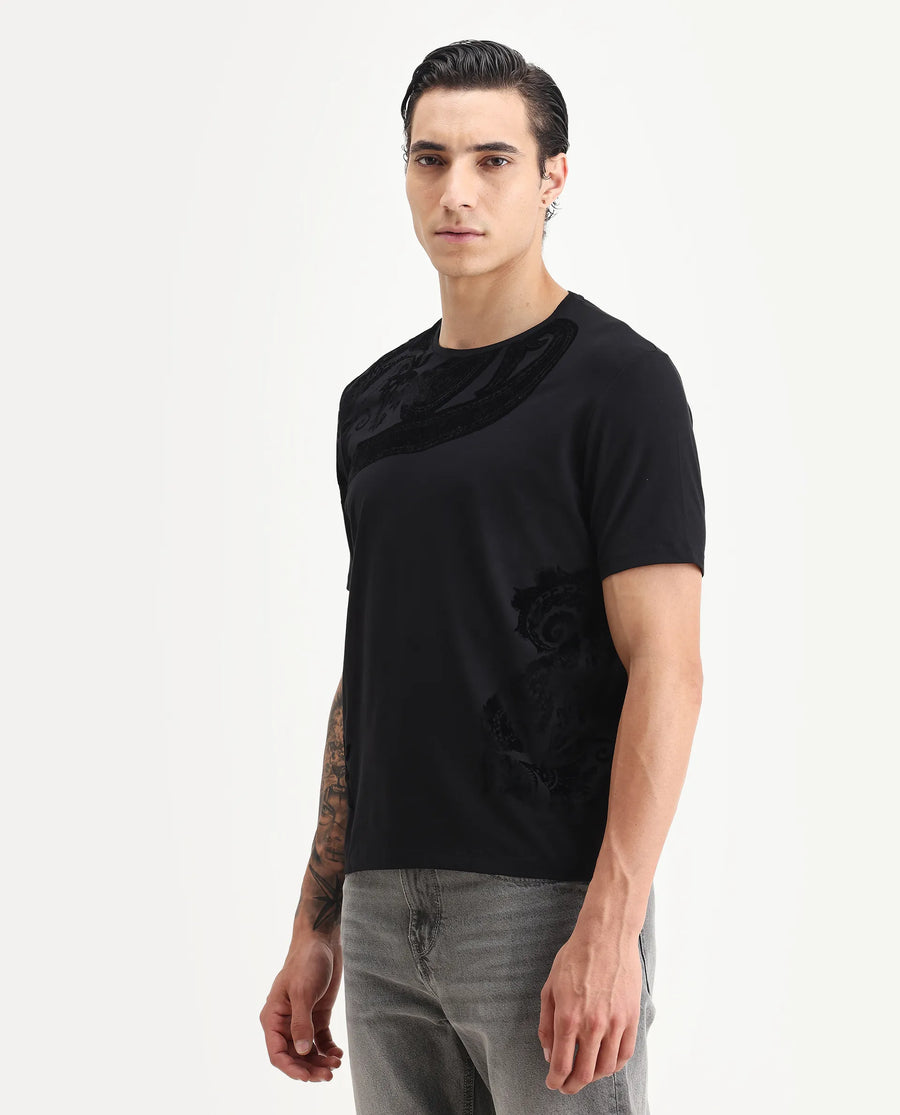 Rare Rabbit Men's Zuron Black Cotton Paisley Print Regular Fit Half Sleeve Crew Neck T-Shirt