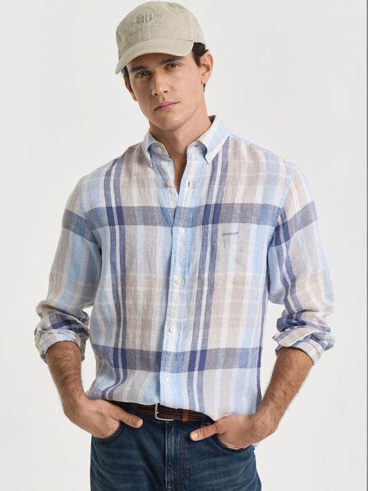 GANT Men Button-Down Regular Linen Madras Check Casual Shirt