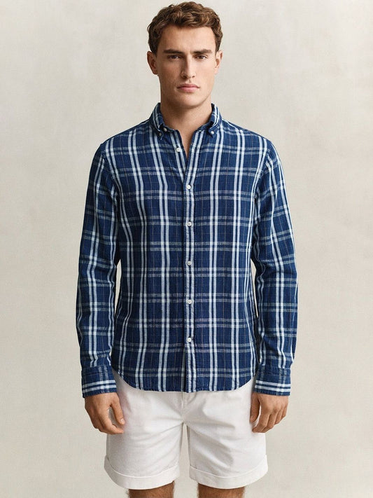 Gant Men Navy Blue Checked Regular Fit Cotton Linen Shirt