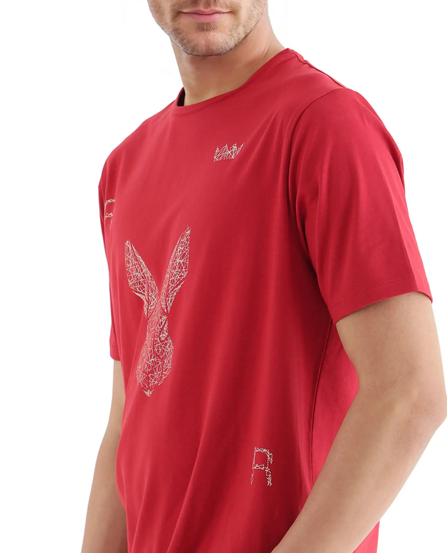 Rare Rabbit Men's Zylo Red Cotton Blend Graphic Print Regular Fit Half Sleeve Crew Neck T-Shirt