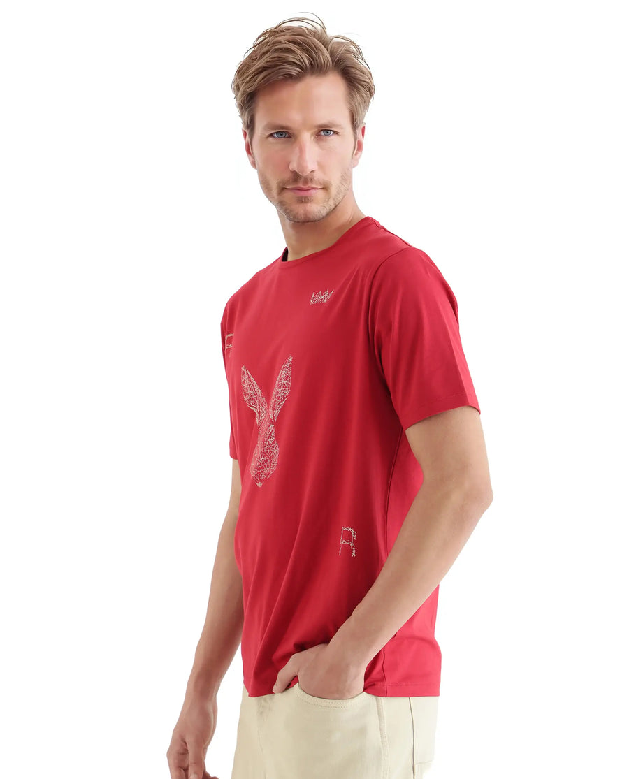 Rare Rabbit Men's Zylo Red Cotton Blend Graphic Print Regular Fit Half Sleeve Crew Neck T-Shirt