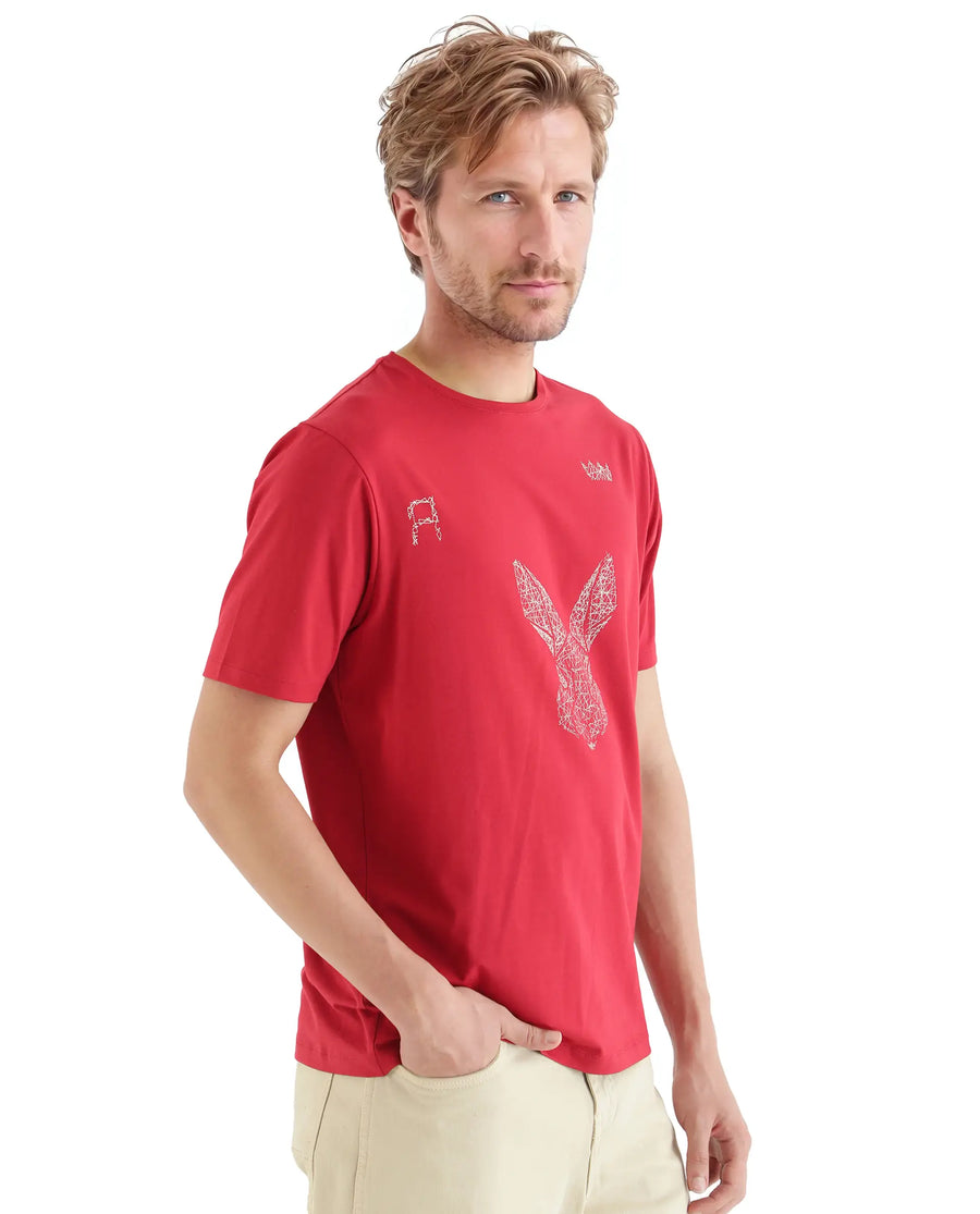 Rare Rabbit Men's Zylo Red Cotton Blend Graphic Print Regular Fit Half Sleeve Crew Neck T-Shirt