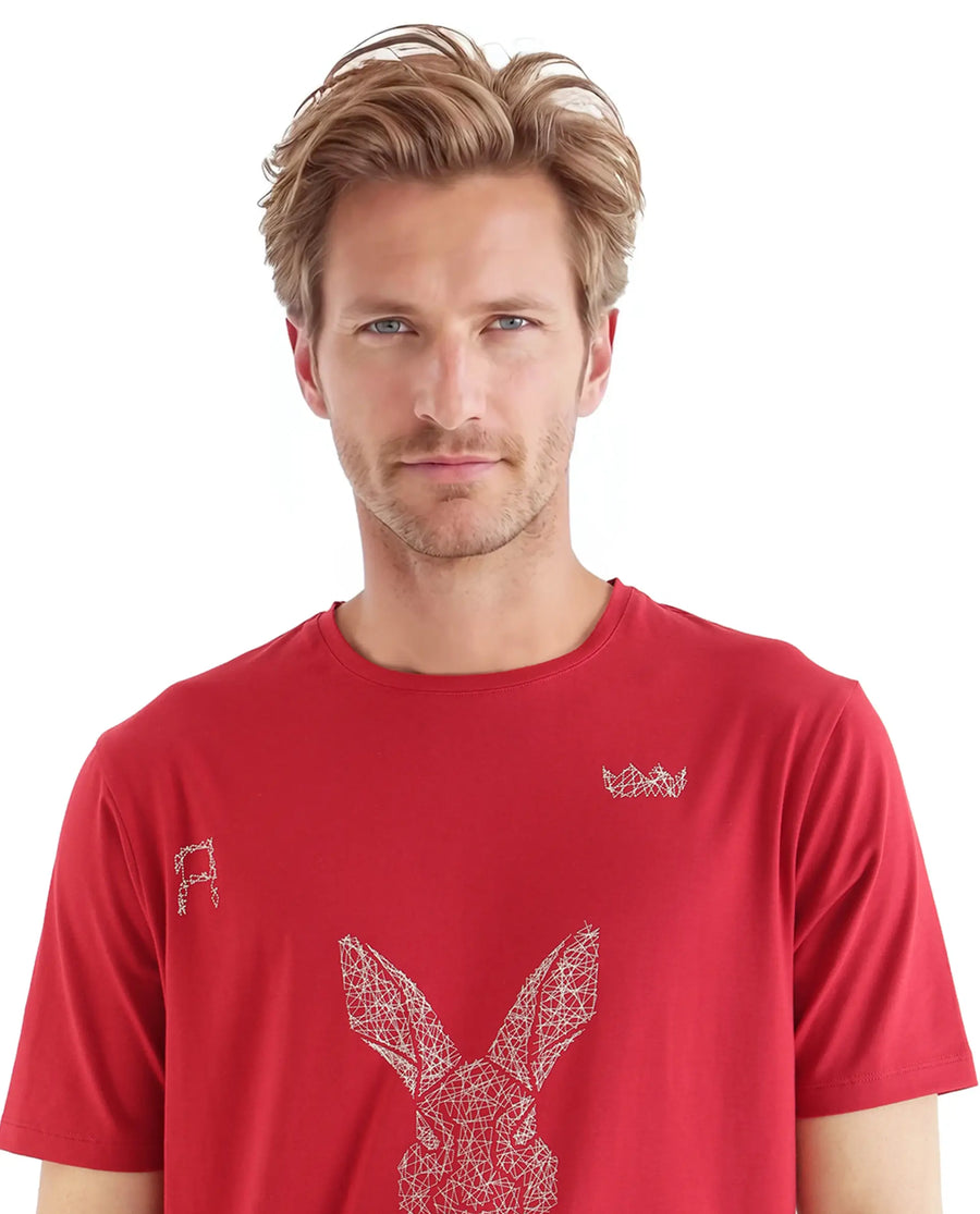 Rare Rabbit Men's Zylo Red Cotton Blend Graphic Print Regular Fit Half Sleeve Crew Neck T-Shirt