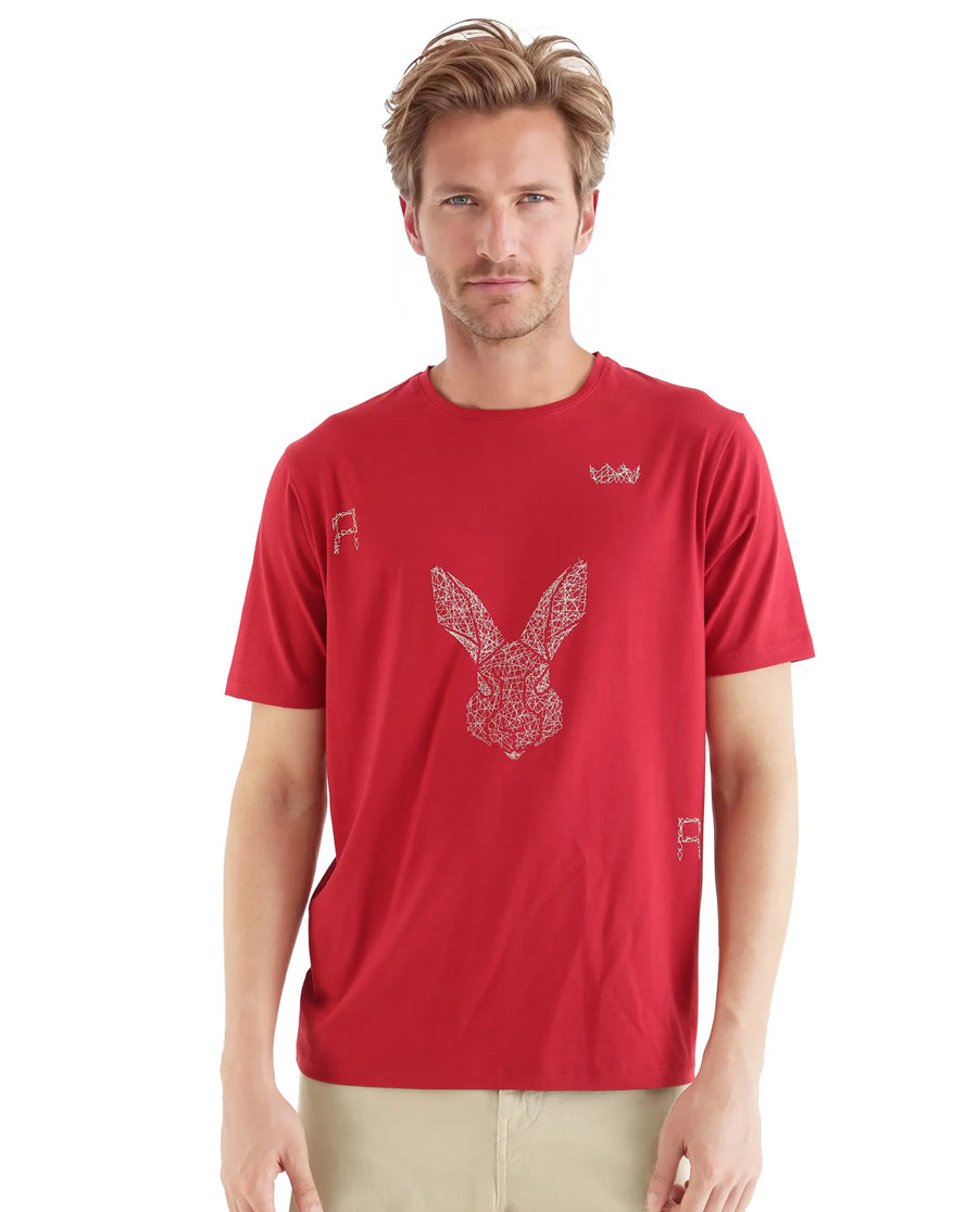 Rare Rabbit Men's Zylo Red Cotton Blend Graphic Print Regular Fit Half Sleeve Crew Neck T-Shirt